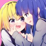  2girls bangs black_hairband black_sailor_collar blonde_hair blue_hair blunt_bangs blush cardigan check_commentary commentary_request eyebrows_visible_through_hair face-to-face fang furude_rika grey_cardigan hairband hand_on_another&#039;s_cheek hand_on_another&#039;s_face hazumi_otoya highres higurashi_no_naku_koro_ni hime_cut houjou_satoko long_hair multiple_girls open_mouth pink_background purple_eyes sailor_collar school_uniform short_hair sidelocks simple_background skin_fang sweat yuri 