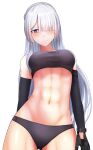  1girl abs absurdres ak-15_(girls&#039;_frontline) bangs black_bra black_panties blush bra breasts cowboy_shot eyebrows_visible_through_hair girls&#039;_frontline gloves groin guchagucha hair_over_one_eye highres long_hair looking_at_viewer navel one_eye_covered panties purple_eyes silver_hair solo stomach thighs toned underwear underwear_only white_background 