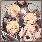  2boys 3girls ^_^ absurdres animal_ears arknights ascot aunt_and_niece bangs blemishine_(arknights) blonde_hair closed_eyes closed_mouth fang grandfather_and_granddaughter grandfather_and_grandson highres horse_boy horse_ears horse_girl kyou_039 low_ponytail mlynar_(arknights) multiple_boys multiple_girls nearl_(arknights) parted_bangs short_hair siblings sisters skin_fang uncle_and_niece whislash_(arknights) younger 