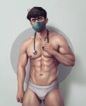  1boy abs bara black_hair briefs bulge doctor dr.shin_nerdyart highres large_pectorals looking_at_viewer male_focus male_underwear mask mouth_mask muscular muscular_male nerdyart1 nipples original pectorals short_hair simple_background solo stethoscope surgical_mask thick_eyebrows thick_thighs thighs underwear veins veiny_arms white_male_underwear 