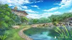  architecture artist_name boulder building chinese_commentary chinese_text cloud commentary_request day east_asian_architecture grass highres lantern moonslanstudio no_humans original plant pond scenery sky tree 