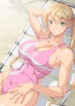  1girl arm_behind_head arm_up armpits bangs bare_shoulders beach beach_chair blonde_hair breasts cleavage collarbone commentary_request commission covered_navel cowboy_shot day earrings eyebrows_behind_hair green_eyes grin groin gundam gundam_tekketsu_no_orphans hair_between_eyes heart heart_earrings highres jewelry lafter_frankland large_breasts long_hair looking_at_viewer ozaneko pink_nails pink_swimsuit shadow side_cutout single_sidelock sitting skeb_commission smile solo swimsuit taut_clothes taut_swimsuit teeth tree_shade twintails 