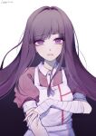  1girl apron artist_name bandaged_arm bandages bangs chinese_commentary commentary danganronpa_(series) danganronpa_2:_goodbye_despair ea08zheci eyebrows_visible_through_hair gradient gradient_background grey_apron grey_background long_hair looking_at_viewer mole mole_under_eye open_mouth pink_shirt puffy_short_sleeves puffy_sleeves shirt short_sleeves solo teardrop tsumiki_mikan upper_body 