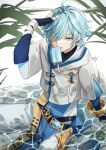  1boy blue_eyes blue_hair chinese_clothes chongyun_(genshin_impact) food genshin_impact hand_in_hair highres in_water male_focus partially_submerged popsicle popsicle_in_mouth sitting solo tkd_333 
