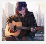  1girl acoustic_guitar bangs black_hoodie black_legwear blue_hair border cityscape closed_mouth guitar highres hood hoodie instrument isshiki_(ffmania7) kamitsubaki_studio long_sleeves medium_hair multicolored_hair music nail_polish pantyhose piercing playing_instrument red_eyes red_hair rim_(kamitsubaki_studio) signature sitting solo virtual_youtuber white_border 