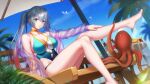  1girl absurdres bangs bare_legs barefoot beach_chair blue_sky blue_swimsuit bottle breasts chinese_commentary choker closed_mouth commentary_request cover-up day dutch_angle eyebrows_visible_through_hair feet food foot_out_of_frame fruit girls&#039;_frontline girls&#039;_frontline_neural_cloud gradient_hair green_eyes hair_between_eyes hand_on_own_leg highleg highleg_swimsuit highres hong_bai jacket large_breasts long_hair long_sleeves looking_at_viewer lwmmg_(girls&#039;_frontline) multicolored_hair octopus one-piece_swimsuit open_clothes open_jacket orange_choker outdoors palm_tree red_hair see-through see-through_jacket silver_hair sitting sky solo swimsuit tree twintails 