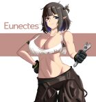  1girl arknights arm_strap bali bangs bare_arms bare_shoulders black_gloves black_hair black_pants breasts camisole character_name cleavage collarbone commentary cowboy_shot crop_top eunectes_(arknights) eunectes_(forgemaster)_(arknights) gloves grey_eyes groin highres holding holding_wrench large_breasts looking_at_viewer midriff navel official_alternate_costume one_side_up pants pointy_ears short_hair smile solo spaghetti_strap standing stomach white_background wrench 