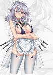  1girl apron back_bow between_fingers bikini black_necktie blue_bikini bow braid breasts closed_mouth cowboy_shot cropped_legs detached_collar grey_background grey_hair highres izayoi_sakuya knife large_breasts legs_apart maid_bikini maid_headdress medium_hair necktie persocon93 purple_eyes side_braids smile solo standing swimsuit thigh_strap thighhighs thighs touhou white_apron white_legwear zoom_layer 