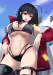  1girl absurdres azur_lane bangs bikini black_bikini black_choker black_hair blurry blurry_background breasts bubble_blowing checkered checkered_flag chewing_gum choker crossed_bangs flag highleg highleg_bikini highres jacket large_breasts long_hair looking_at_viewer multi-strapped_bikini multiple_straps nw_(5626) official_alternate_costume open_clothes open_jacket race_queen red_jacket solo standing swimsuit taihou_(azur_lane) taihou_(enraptured_companion)_(azur_lane) very_long_hair 