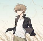  1boy arms_at_sides bangs black_jacket brown_hair ema_yuzuru grass green_eyes highres jacket looking_away male_focus open_clothes open_jacket shirt short_hair shuijiao_tu solo symbol-only_commentary t-shirt upper_body wind world_trigger 