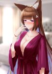  1girl absurdres amagi_(azur_lane) animal_ears arm_at_side azur_lane bangs bedroom blunt_bangs blurry blurry_background blush breasts brown_hair cleavage eyebrows_visible_through_hair fox_ears fox_girl frozen-sad hair_ornament hand_up highres indoors large_breasts light_smile long_hair looking_at_viewer multicolored_hair nose_blush pajamas purple_eyes sash solo two-tone_hair upper_body wide_sleeves 