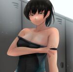  1girl amagami bangs bare_shoulders black_eyes black_hair breasts cleavage closed_mouth competition_swimsuit eyebrows_visible_through_hair highres large_breasts locker locker_room looking_at_viewer medium_breasts one-piece_swimsuit ponytail smile solo swimsuit tan tanlines tsukahara_hibiki ykh1028 
