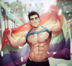  1boy abs bara black_hair black_pants blurry blurry_background chest_harness closed_mouth confetti day facepaint flag harness highres holding holding_flag large_pectorals lgbt_pride looking_at_viewer male_focus muscular muscular_male navel nerdyart1 nipples original outdoors pants pectorals rainbow_flag short_hair smile solo thick_eyebrows 