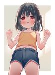  1girl :o bangs bare_arms bare_shoulders black_hair black_shorts blush camisole commentary eyebrows_visible_through_hair hair_between_eyes hands_up highres looking_at_viewer meito_(maze) midriff navel one_side_up original parted_lips red_eyes short_shorts shorts solo symbol-only_commentary yellow_camisole 