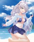 1girl anastasia_(fate) anastasia_(swimsuit_archer)_(fate) artist_request bangs bare_shoulders beach bikini blue_eyes blue_sky blush breasts cloud cocktail collarbone day eyebrows_visible_through_hair fate/grand_order fate_(series) full_body hair_over_one_eye highres large_breasts long_hair long_sleeves looking_at_viewer navel ocean open_mouth ponytail sand silver_hair sky smile solo soukoku swimsuit thighhighs thighs very_long_hair water 
