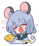  1girl animal_ears bangs blush capelet cheese closed_eyes drooling food grey_hair heart highres long_sleeves mouse mouse_ears mouse_girl nazrin op_na_yarou open_mouth red_eyes short_hair simple_background solo symbol-only_commentary touhou white_background white_sleeves 