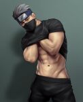  1boy abs bara black_pants black_shirt clothes_lift forehead_protector grey_background grey_hair hand_under_clothes hand_under_shirt hatake_kakashi highres looking_at_viewer male_focus male_pubic_hair mask mouth_mask muscular muscular_male naruto naruto_(series) navel nerdyart1 ninja_mask pants pubic_hair scar scar_across_eye scar_on_face shadow sharingan shirt shirt_lift short_hair solo spiked_hair 