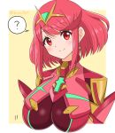  1girl ? absurdres bangs breasts breasts_day chest_jewel highres large_breasts pyra_(xenoblade) red_eyes red_hair ryochan96154 short_hair smile solo swept_bangs xenoblade_chronicles_(series) xenoblade_chronicles_2 