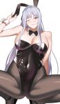  1girl ak-12_(girls&#039;_frontline) animal_ears black_leotard blush breasts detached_sleeves eyebrows_visible_through_hair fake_animal_ears girls&#039;_frontline highleg highleg_leotard highres ichinose_(ichinose1592) large_breasts leotard long_hair looking_at_viewer one_eye_closed pantyhose playboy_bunny purple_eyes rabbit_ears simple_background solo spread_legs squatting white_background white_hair wrist_cuffs 