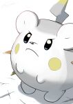  black_eyes closed_mouth commentary_request cracked_floor frown highres koma_nezumi looking_up no_humans pokemon pokemon_(creature) signature solo standing togedemaru 