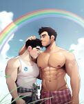  2boys abs bara beard black_hair black_pants blue_sky blush chest_hair closed_mouth clothes_around_waist clothes_down cloud couple day facial_hair falling_leaves hand_on_another&#039;s_head headpat jacket jacket_around_waist jacket_removed kissing_hair large_pectorals leaf lgbt_pride male_focus multiple_boys muscular muscular_male navel nerdyart1 nipples original outdoors pants pectorals rainbow shirt shirt_around_waist short_hair sideburns sidepec sky smile stubble tank_top thick_eyebrows topless_male white_tank_top yaoi 