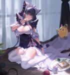  1girl animal_ears aqua_hair azur_lane blue_eyes blurry bokeh breasts cheshire_(azur_lane) cleavage cup depth_of_field detached_sleeves dress fake_animal_ears food frilled_hairband frilled_ribbon frills full_body garter_straps hairband highres indoors large_breasts long_ribbon looking_at_viewer maid maid_headdress medium_hair multicolored_hair omelet puffy_detached_sleeves puffy_sleeves purple_apron purple_hair ribbon sansan_(dongfangzhong111) solo streaked_hair stuffed_animal stuffed_toy thighhighs thighs two-tone_hair white_dress white_garter_straps white_legwear wooden_floor wrist_cuffs 