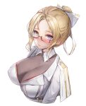  1girl blonde_hair blue_eyes blush bodystocking breasts character_request chinese_commentary cleavage closed_mouth commentary_request cropped_torso detached_collar glasses hair_ribbon highres jacket kuza_brs large_breasts looking_at_viewer ribbon short_hair sidelocks simple_background solo upper_body warship_girls_r white_background white_jacket white_ribbon 