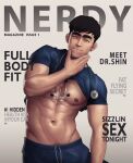  1boy abs bara bare_pectorals black_hair blue_pants blue_shirt closed_mouth clothes_lift cover cover_page doctor dr.shin_nerdyart earrings fake_cover fake_magazine_cover hand_on_own_chin highres jewelry large_pectorals looking_at_viewer magazine_cover male_focus muscular muscular_male navel nerdyart1 nipples original pants pectorals shirt shirt_lift short_hair solo thick_eyebrows 