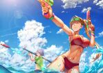  2girls bangs bikini blonde_hair blue_eyes breasts cloud covered_nipples day eyewear_on_head holding large_breasts long_hair multiple_girls ocean one_eye_closed orange_hair original ponytail purple_hair red_bikini red_eyes shigatsu_itsuka short_hair skirt sky stomach sunlight swimsuit tongue tongue_out water_gun 