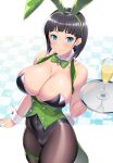  1girl animal_ears bangs black_hair black_legwear blonde_hair blush bow bowtie breasts cleavage collarbone commentary_request glass green_bow green_bowtie green_eyes green_leotard happy highres holding holding_tray kawase_seiki kirigaya_suguha large_breasts leotard long_hair looking_at_viewer navel pantyhose playboy_bunny pointy_ears rabbit_ears short_hair sketch skin_tight skindentation solo sword_art_online tray 
