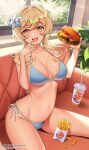  1girl bangs bare_shoulders bikini blonde_hair blue_bikini blush brand_name_imitation breasts burger burger_king cleavage collarbone cup disposable_cup duplicate fast_food flower food french_fries genshin_impact hair_flower hair_ornament highres holding holding_food large_breasts logo_parody looking_at_viewer lumine_(genshin_impact) medium_hair navel open_mouth pantheon_eve revision sidelocks sitting smile solo swimsuit thighs window yellow_eyes 