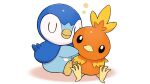  black_eyes closed_eyes closed_mouth commentary_request head_tilt hug looking_at_viewer no_humans official_art piplup pokemon pokemon_(creature) project_pochama sitting toes torchic white_background 