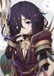  1girl absurdres bangs black_hair breasts bridal_gauntlets center_opening commentary fingernails gazacy_(dai) glowing glowing_eye granblue_fantasy grin hair_between_eyes hair_over_one_eye highres lich_(granblue_fantasy) long_hair looking_at_viewer messy_hair purple_eyes purple_nails sharp_fingernails sharp_teeth simple_background small_breasts smile solo staff teeth white_background 