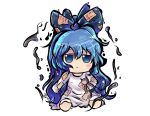  1girl bangs barefoot blue_bow blue_eyes blue_hair bow chibi commentary debt dress english_commentary expressionless full_body fumo_(doll) hair_between_eyes hair_bow highres holding holding_stuffed_toy jitome lis long_hair long_sleeves no_nose official_style outline patch signature simple_background sleeves_past_wrists solo stuffed_animal stuffed_cat stuffed_toy touhou touhou_gouyoku_ibun very_long_hair wavy_hair white_background white_dress yorigami_shion 