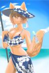  1girl absurdres animal_ears beach bikini blonde_hair blue_bikini bottle breasts chromatic_aberration cleavage cloud collarbone commentary_request cowboy_shot day ear_cutout ears_through_headwear fox_ears fox_tail hand_on_own_chest hat highres large_breasts leaf_print light_smile looking_at_viewer looking_to_the_side navel ocean outdoors sarong short_hair side-tie_bikini single_tail slit_pupils solo soretsu_nitohei standing strap_gap swimsuit tail touhou water_bottle yakumo_ran yellow_eyes 