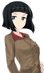  1girl absurdres aikir_(jml5160) bangs black_eyes black_hair blunt_bangs blunt_ends bob_cut brown_jacket chi-hatan_military_uniform closed_mouth commentary girls_und_panzer hand_on_hip highres jacket light_frown long_sleeves looking_at_viewer military military_uniform nishihara_yasoko short_hair simple_background solo uniform upper_body white_background 