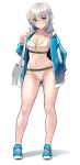  1girl absurdres bag bangs blue_footwear blue_jacket blush breasts cleavage clipboard collarbone eyebrows_visible_through_hair full_body green_eyes grey_hair highres jacket kekemotsu large_breasts long_hair long_sleeves looking_at_viewer navel open_clothes open_jacket original panties shoes shoulder_bag sneakers solo sports_bikini sports_bra sports_panties standing underwear white_panties white_sports_bra zipper 