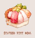  commentary_request cube english_text food food_focus grey_background nigirizushi no_humans original rice roe saino salmon sashimi simple_background sushi 