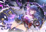  1girl bangs braid braided_ponytail breasts bridal_gauntlets electricity genshin_impact highres human_scabbard large_breasts long_hair long_sleeves looking_at_viewer mole mole_under_eye purple_hair raiden_shogun solo sword_out_of_chest teddy_(khanshin) 