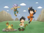  3boys :d absurdres black_eyes black_hair blue_eyes blue_hair brothers brown_tail closed_mouth cloud commentary commission commissioner_upload cooking day dragon_ball dragon_ball_z eating english_commentary floating flying food grass green_pants hair_between_eyes highres long_sleeves looking_at_another male_focus meat midair mitsui_jun monkey_tail mountain multiple_boys on_grass open_mouth orange_pants outdoors pants science_fiction shirt short_hair siblings sky sleeveless sleeveless_shirt smile son_gohan son_goten spiked_hair stick stone tail trunks_(dragon_ball) 