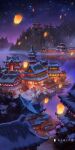  architecture artist_name boulder building bush chinese_commentary chinese_text commentary_request dock east_asian_architecture forest frozen highres lantern light moonslanstudio nature night night_sky no_humans original plant river scenery sky snow star_(sky) tree winter 