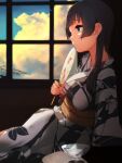  1girl agano_(kancolle) alternate_costume bangs black_hair blue_eyes bowl breasts cloud day eyebrows_visible_through_hair floral_print from_side hand_fan highres indoors japanese_clothes kantai_collection kimono large_breasts long_hair obi parted_lips profile sash sitting sky solo spoon suginoji wide_sleeves window yukata 