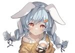  1girl :o animal_ear_fluff animal_ears bangs bare_shoulders blue_hair blue_ribbon braid brat brown_sweater carrot_hair_ornament character_name collarbone commentary crying cup eyebrows_visible_through_hair food-themed_hair_ornament hair_ornament hair_ribbon holding holding_cup hololive long_hair long_sleeves looking_at_viewer mug multicolored_hair off-shoulder_sweater off_shoulder parted_lips rabbit_ears red_eyes revision ribbon short_eyebrows simple_background sleeves_past_wrists solo streaming_tears sweater tears thick_eyebrows twin_braids twintails two-tone_hair upper_body usada_pekora virtual_youtuber white_background white_hair 