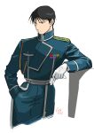  1boy aiguillette amestris_military_uniform artist_name black_eyes black_hair blue_jacket blue_pants buttons closed_mouth clothes_writing collared_jacket commentary_request cropped_legs double-breasted elbow_rest facing_viewer fullmetal_alchemist gloves gloves_removed half-closed_eyes hand_in_pocket highres holding holding_clothes holding_gloves jacket looking_afar magic_circle male_focus military military_jacket military_uniform pants roy_mustang serious shadow simple_background spiked_hair standing tsurime uniform urikurage white_background white_gloves 