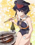  1girl absurdres alcohol asymmetrical_hair black_hair black_swimsuit blush bottle breast_cutout brown_eyes brown_neckerchief choko_(cup) chopsticks cooking cup fish framed_breasts gloves gradient grill grilling hair_between_eyes headphones highres i-14_(kancolle) kanmiya_shinobu kantai_collection neckerchief one_eye_closed partially_fingerless_gloves sailor_collar sake sake_bottle saury school_swimsuit shirt short_hair single_glove solo squatting swimsuit yellow_background 