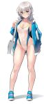  1girl absurdres bag bangs blue_footwear blue_jacket blue_swimsuit blush breasts cleavage clipboard collarbone competition_swimsuit covered_navel eyebrows_visible_through_hair full_body green_eyes grey_hair highleg highleg_swimsuit highres jacket kekemotsu large_breasts long_hair long_sleeves looking_at_viewer one-piece_swimsuit open_clothes open_jacket original shoes shoulder_bag sneakers solo swimsuit two-tone_swimsuit white_swimsuit 