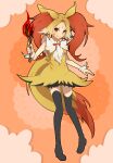  1girl absurdres black_footwear blonde_hair boots braixen commentary_request dress fire full_body gradient_hair highres multicolored_hair orange_background personification pokemon red_eyes red_hair red_nails redcat13 smile stick thigh_boots thighhighs twintails white_hair wrist_cuffs yellow_dress 