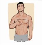  1boy abs body_writing cowboy_shot english_text grey_shorts hand_up highres looking_at_viewer male_focus muscular muscular_male navel original pectorals rinotuna shorts smile solo tan_background topless_male 