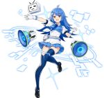  1girl :d ahoge ark_order artist_request bangs belt bili_girl_22 bilibili_douga black_footwear blue_hair blue_legwear blue_necktie blue_skirt breasts full_body gloves hologram loafers long_hair looking_at_viewer megaphone necktie official_art pleated_skirt puffy_short_sleeves puffy_sleeves red_eyes shirt shoes short_sleeves skirt smile solo sparkle standing standing_on_one_leg tachi-e thighhighs transparent_background tv_hair_ornament white_belt white_gloves white_shirt xiao_dianshi 