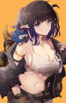  1girl animal_on_shoulder arknights beak bird bird_on_shoulder black_gloves black_jacket blue_bird blue_eyes blue_hair breasts brown_hair brown_shorts cleavage commentary crop_top ear_piercing eunectes_(arknights) eunectes_(forgemaster)_(arknights) eyebrows_visible_through_hair fingerless_gloves gloves groin hand_in_pocket high_priest_(arknights) highres id_card jacket lanyard large_breasts looking_at_viewer midriff navel official_alternate_costume open_clothes open_jacket piercing pointy_ears ponytail rhodes_island_logo shirt short_hair shorts side_ponytail simple_background snake_tail stratoz tail torn_clothes torn_shirt white_shirt yellow_background 